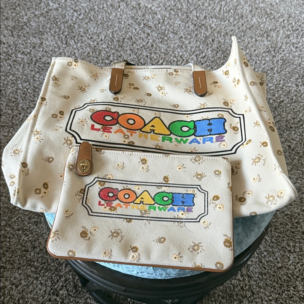 Coach Cream Tote and Pouch with Multicolor Logo